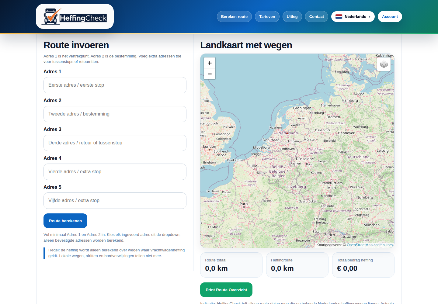 Openbare HeffingCheck.nl-pagina met route-invoer en landkaart, zonder ingevoerde route